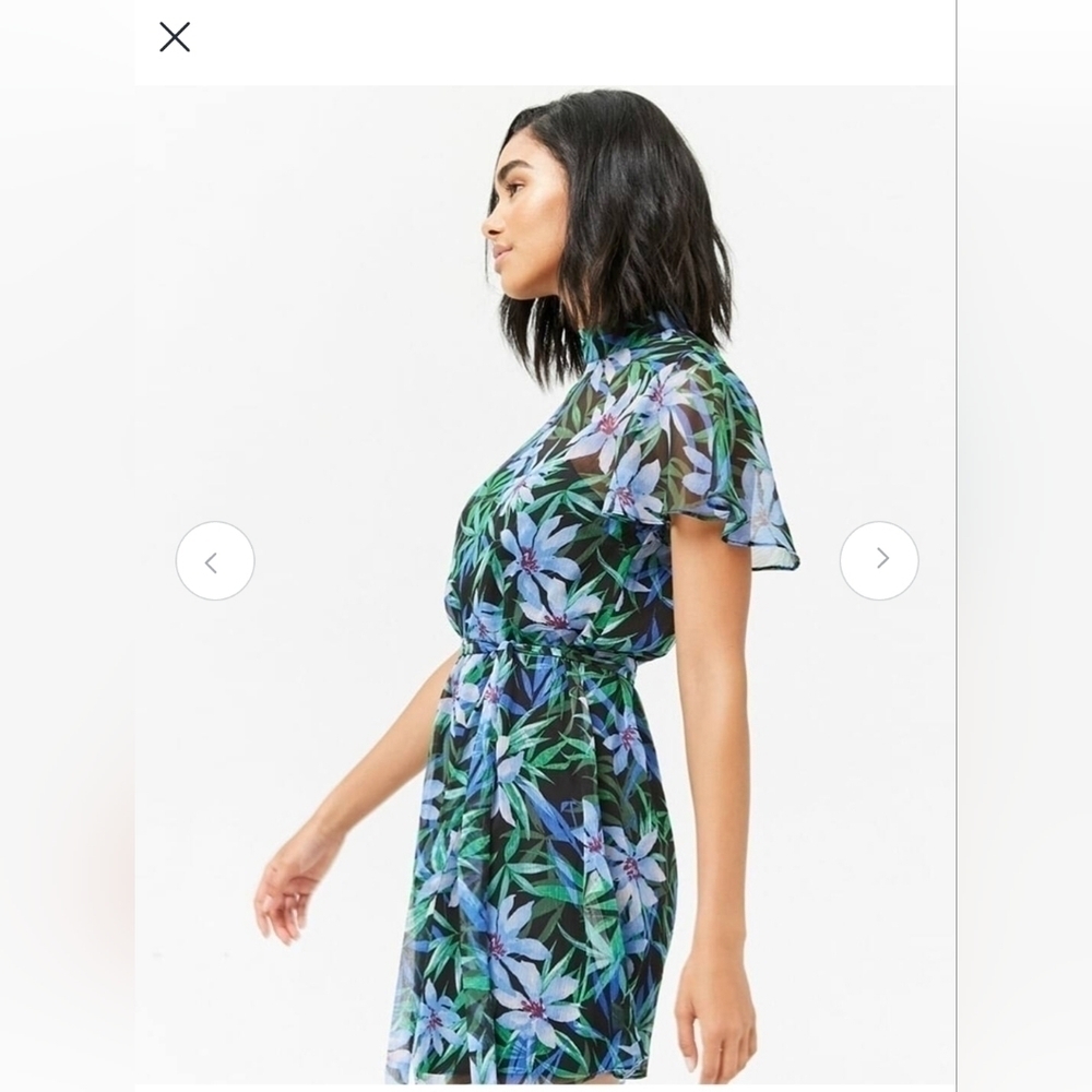 2/$20 Forever 21 Blue Green Floral Print Semi Sheer A Line Dress Size - Picture 4 of 16